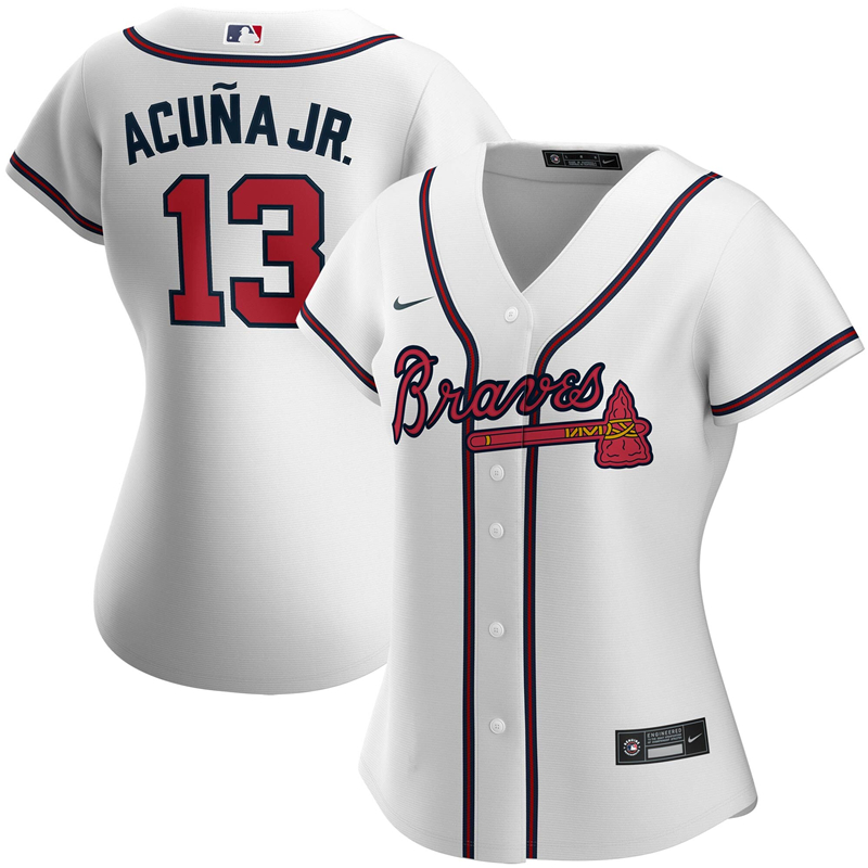 2020 MLB Women Atlanta Braves #13 Ronald Acuna Jr. Nike White Home 2020 Replica Player Jersey 1->youth mlb jersey->Youth Jersey